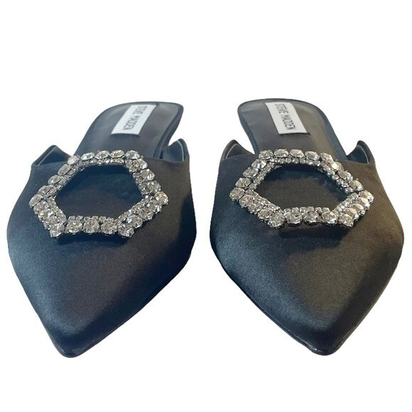 NWT Steve Madden Kees Black Satin Rhinestone Buckle Kitten Heel Mule Size 8.5 - Picture 9 of 16